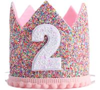 Shirene Couronne d'anniversaire Pailletée pour Fille de 2 Ans,Couronne d'anniversaire Enfant,Chapeau d'anniversaire Ajustable,Chapeau de Princesse Rose,Cadeau Déguisement et Décoration
