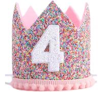 Shirene Couronne D'anniversaire Paillette pour Fille de 4 Ans,Couronne D'anniversaire Enfant,Chapeau D'anniversaire Ajustable,Chapeau de Princesse Rose,Cadeau Déguisement et Décoration