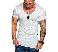 Shirt Hommes Col en V Basique Coupe Slim À Manches Courtes Hommes Couleur Unie Classique T-Shirt Hommes Sport L'Été Décontracté Respirant Chemise Sport Hommes D-White XL