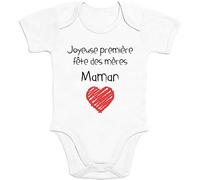 Shirtgeil Joyeuse première fête des mères Maman Cadeau Body Bébé Manche Courte 0-3 Mois Blanc