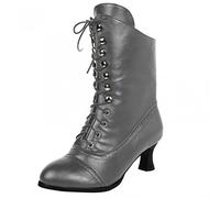SHITOUJI Bottes mi-mollet punk gothique à talon Louis vintage en cuir pour femme Bottes victoriennes à bout pointu Chaussures de chevalier décontractées, gris, 40 EU