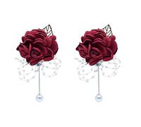 Shiwaki 2pcs Fournitures de Mariage décoration Fille Demoiselle d'honneur boutonnière Bal fête boutonnière Cadeau de décoration de Mariage (vin Rouge)