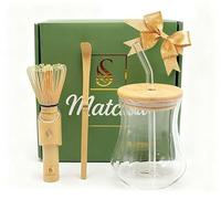 SHIZUNA Kit Matcha Verre Matcha Latte 550ml avec Couvercle Bambou & Paille en Verre - Fouet Bambou Naturel & Cuillère - Coffret Cadeau Complet pour Préparer et Boire le Matcha (ondulé)