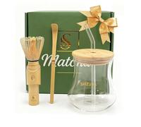 SHIZUNA Kit Matcha Verre Matcha Latte 550ml avec Couvercle Bambou & Paille en Verre - Fouet Bambou Naturel & Cuillère - Coffret Cadeau Complet pour Préparer et Boire le Matcha (lisse)