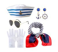 shjxi Sailor Costume Set, Navy Hat, Scarf, Earrings, Gloves for Adults, Complete Outfit, Stylish Design, Perfect for Mardi Gras, Halloween, Christmas, and Cosplay Events