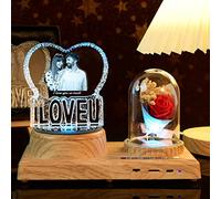SHKINETARRY Cadre photo personnalisé en cristal I LOVE U en forme de cœur pour couple, avec votre propre photo avec lumière LED 7 couleurs, cadeaux personnalisés pour petite amie, femme, anniversaire