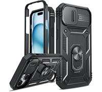 Shockproof Case For Iphone 15 With Sliding Lens, Ring Stand, Hard Pc Camera Protection Reinforced Armor Heavy Duty Military Bumper Cover Case For Iphone 15 ¿ Black