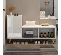 Shoe Bench Black High Gloss Bench Storage, padded, 1 cabinet door, 2 open compartments, shoe rack hallway, entrance, living room, up to 100 kg blanc