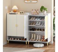 Shoe Cabinet 4-Tier Set of 2, Modern Shoe Rack Shoe Cupboard 2 Doors Adjustable Shelves, Wooden Shelf Organizer Hallway, White & Gold blanc/or