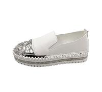 Shoes de Marche athlétiques Femmes Sandales Compensées pour Femmes sans Bride Panneau en Cuir Solide pour Dames, avec décoration en Strass, Semelle épaisse, Shoes décontractées(White, 40)