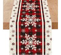 SHOFUL Chemin de table de Noël - Flocons de neige avec carreaux de buffalo - 33 x 183 cm - Décoration de table en lin - Pour cuisine, salle à manger, intérieur et extérieur