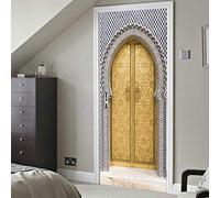 SHOMEY 2pcs Sticker Porte, Porte dorée de style marocain 77 x 200 cm Autocollant Porte Affiche 3D pour Cuisine Chambre Salle de Bain Auto-adhésif Amovible Murale Décoration
