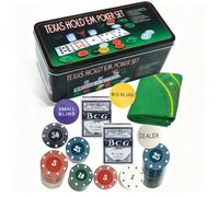 Shop SoftAir Texas Hold'em Lot de 200 fiches avec valeurs en euros, boîte en métal, 24 x 11,5 x 12 cm, avec 2 bouquets de cartes, tissu vert, jetons concessionnaires et aveugles, pour adultes