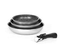 SHOP-STORY - AM130 : Set de 3 Poêles Arthur Martin Tous Feux dont Induction et Four Diamètre 20-24 - 28 cm avec Poignée Amovible Couleur Argent