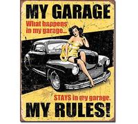 ShopForAllYou Plaque décorative vintage My Garage Rules Pinup en étain vintage Hotrod ad Auto Wall Art 1671