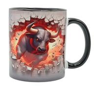 Shopi Zone Tasse en céramique avec motif de taureau furieux - Art 3D avec effet de mur cassé et fond de feu