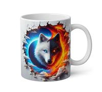 Shopi Zone - Tasse en céramique Loup Yin Yang feu et glace - Design original en 3D, tasse résistante pour café ou thé, cadeau unique et spirituel