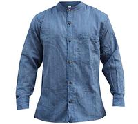 SHOPOHOLIC FASHION Chemise Grand-père à Rayures pour Hommes, vêtements Hippies en Coton tissé à la Main à Manches Longues et col Bande, Bleu Marine, L