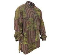 SHOPOHOLIC FASHION Chemise Hippie Grand Père à Manches Longues en Coton Délavé Imprimé Patchwork pour Hommes, Vert, 3XL