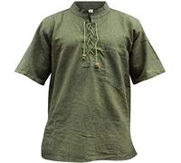 SHOPOHOLIC FASHION Chemise Homme en Chanvre & Coton à Manches Courtes, Col Grandad Bohème avec Lacets et Perles en Bois, Haut Décontracté Été, Plage & Festival, Green, XXL