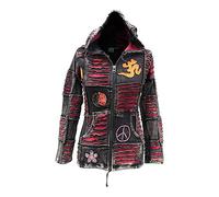 SHOPOHOLIC FASHION Slashed Patchwork Zippé Rouge Sweat à Capuche pour Femmes, Sweatshirt Long en Coton Lavé à la Pierre, L