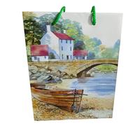 Shopper cadeau artistique, impression paysage à aquarelle, poignées en corde verte, 20 x 15 x 8 cm