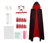 SHOPPGO Vampire Halloween Set, Cape Vampire 140cm, Déguisement Vampire Ensemble de 4 Pièces, con 15mm Vampire Teeth, Ongle Halloween, Strass Visage halloween, Créez un Look vampire Classique