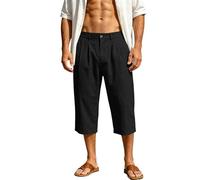 Short 3/4 en lin pour homme - Coupe ample - Respirant - Fermeture éclair - Fermeture à bouton - Léger - Confortable - Pour un usage quotidien, Noir , XXL
