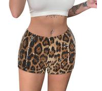 Short à Paillettes Femme Sequin Shorts élastique Taille Haute Scintillant Nuit Pantalon d'été Brillant de Danse Imprimé léopard Hot Pants Décontracté Sparkling Mini Short Tenue de Fête Carnival Club