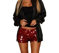 Short à Paillettes Femme Sequin Shorts élastique Taille Haute Scintillant Nuit Pantalon d'été Brillant de Danse Imprimé léopard Hot Pants Sparkling Mini Short Décontracté Tenue de Fête (Z1-Red, L)