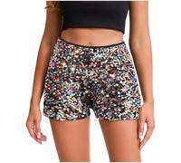 Short à Paillettes Femme Soirée Élastique Taille Haute Sequin Shorts Droit Scintillant Pantalon Court Brillant de Danse Hot Pants Mini Short Dansants Fêtes Party Rave Clubwear (Multicolour, XL)