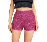 Short à paillettes pour femme - Short d'été léger - Short à paillettes - Argenté métallisé - Short de fête - Short d'été sexy - Short à paillettes - Costume disco - Carnaval, Rose chaud, L