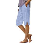 Short à rayures en coton pour femme - Taille haute - Coupe ample - Respirant - Léger - Bermuda de loisirs avec poches - Pour randonnée, marche, course à pied, bleu ciel, M