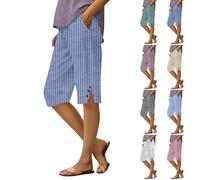 Short à rayures en coton pour femme - Taille haute - Coupe ample - Respirant - Léger - Bermuda de loisirs avec poches - Pour randonnée, marche, course à pied, bleu, XL