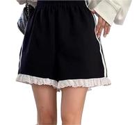 Short À Volants Short de Sport Ample Taille Haute en Dentelle for Femme, Style décontracté et Doux, avec Bordures plissées et Bord Lotus(Black,M)