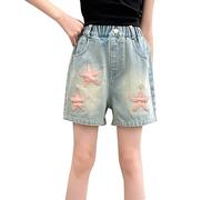 Short ample pour filles - Printemps Été Automne - Taille M et L - Jeans pour enfants - Mince - Décontracté - Short en jean mignon - Short déchiré pour adolescentes (bleu clair, 14-15 ans)