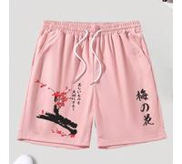 Short ample pour hommes avec imprimé floral et lettres japonaises, avec cordon de serrage à la taille L,M,S,XL,XXLgraphique,PlantesÉtoffe