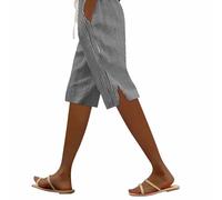 Short bermuda de longueur genou pour femme avec poches, jambe droite ample en coton et lin rayé, taille élastique avec cordon de serrage, pantacourt décontracté uni, court, pour l’été et le travail