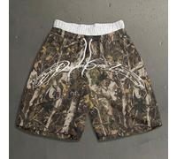 Short bermuda homme coupe ample, taille standard, noir, double ceinture, imprimé mode slogan en anglais manuscrit à disposition courbe, motif camouflage feuille L,M,S,XL,XS,XXLLettres,Plantes,Tout Imp