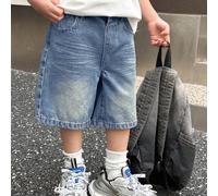 Short bermuda long en denim bleu délavé à la pierre, coupe ample et baggy, style vintage avec moustaches de chat, pour bébé garçon, urbain cool, polyvalent et décontracté, printemps/été, streetwear, c