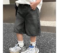 Short bermuda long en jean bleu délavé à la pierre, coupe ample et baggy, style vintage urbain cool avec moustaches de chat, pour bébé garçon, polyvalent et décontracté, printemps/été, streetwear, cam