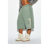 Short bermuda oversize en polaire avec détail lacé sur le côté, imprimé logo script, ourlet brut, taille à cordon de serrage, style décontracté long L,M,S,XSLettresTissu tricoté