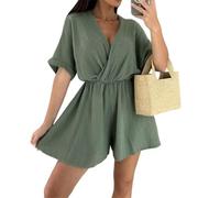 Short cache-cœur à col en V pour femme - Combinaison d'été ample à manches courtes - Short fluide - Tenue de vacances de plage 2025, Vert, XL