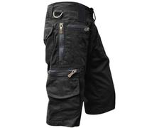 Short cargo en coton sergé pour homme, multi-poches, léger et décontracté avec poches zippées, coupe droite, pantalon de travail en plein air, Noir , S