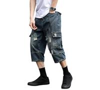 Short cargo en jean déchiré pour homme, coupe droite, coupe ample, style décontracté, hip-hop, capri, bleu, XL