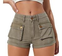 Short Cargo en Jean pour Femme, Tendance, Taille Haute, Ourlet à Revers, Mini Short en Jean, Short de Sport en Plein air,Marron,S
