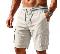 Short cargo en lin pour homme - Pantalon cargo d'été léger - Pantalon de travail pour homme - Bermuda stretch - Short de plage - Short d'extérieur avec élastique