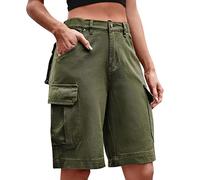 Short Cargo Femme Été Léger Taille Elastique, Pantalon Court Femme Cargo Décontracté en Coton avec Plusieurs Poches Solide Chino Shorts Grande Taille Jambe Large Confortable Extensible