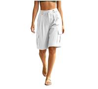 Short Cargo Femme Imitation Coton Lin Short Taille Élastique Avec Fermeture Zip Et Boutons Bermuda Couleur Unie Coupe Jambes Larges Avec Poches Shorts Confortable Et Respirant Pour Quotidien