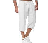 Short Cargo Lin 3/4 pour Homme,Bermuda Cargo pour Homme avec Cordon de Serrage,Short de Décontracté Respirant,Pantalon de Travail Taille Élastique avec Poches,Pantalon de Jogging Couleur Unie